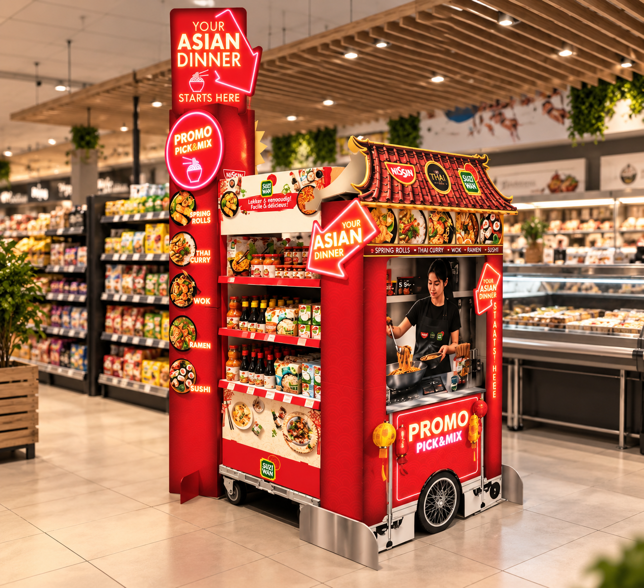 Rode Aziatische dinerpromotie in supermarkt Rode Aziatische dinerpromotie in supermarkt
